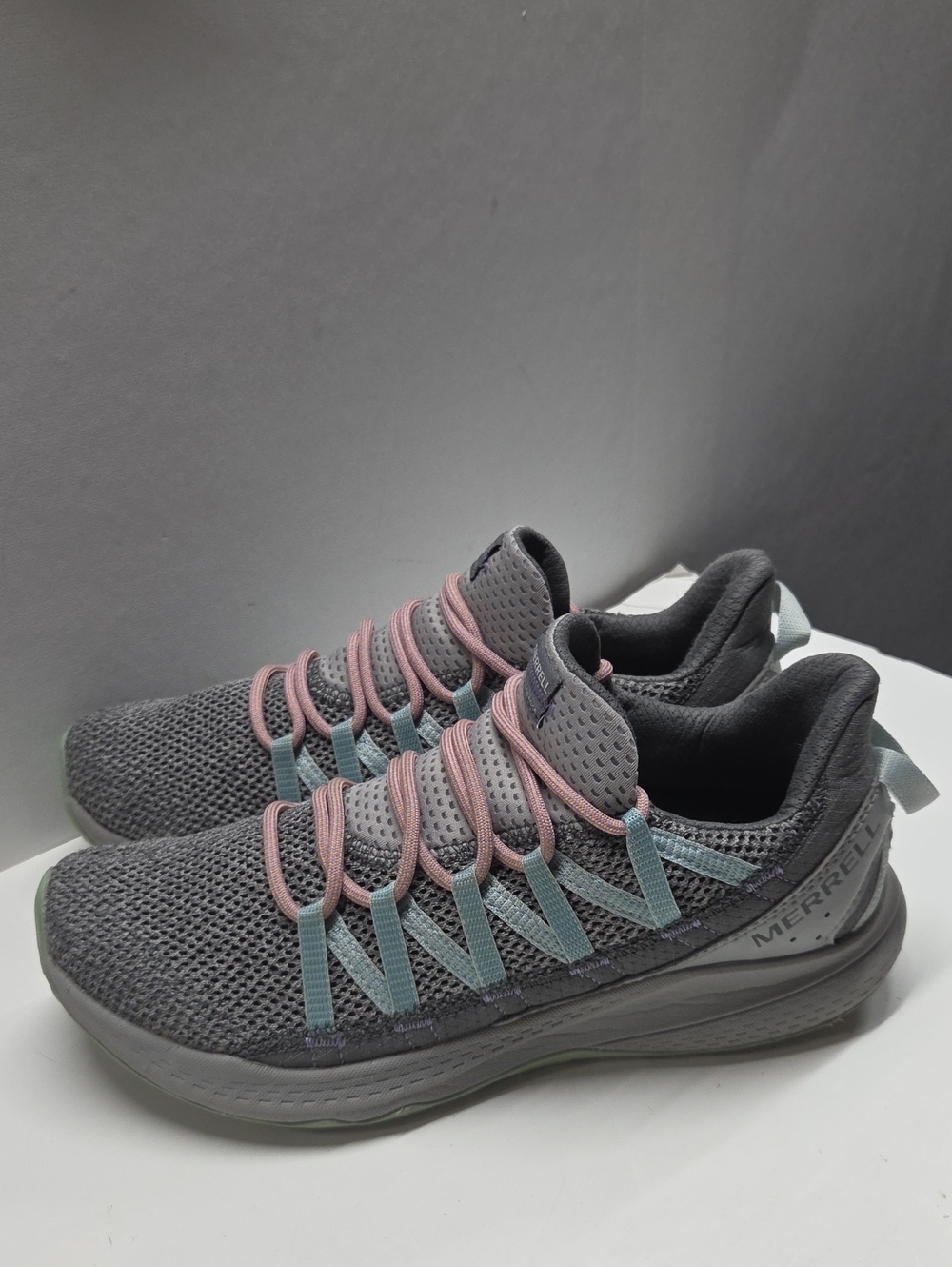 Merrell Gray Knit Sneakers with Pink Laces and Light Blue Straps Size 10W